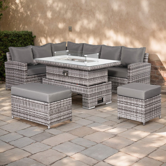 Due in 15/07/25...Harmony Range High Back Left Hand Corner Sofa Set with Fire Pit Rising Table in Grey Waeve