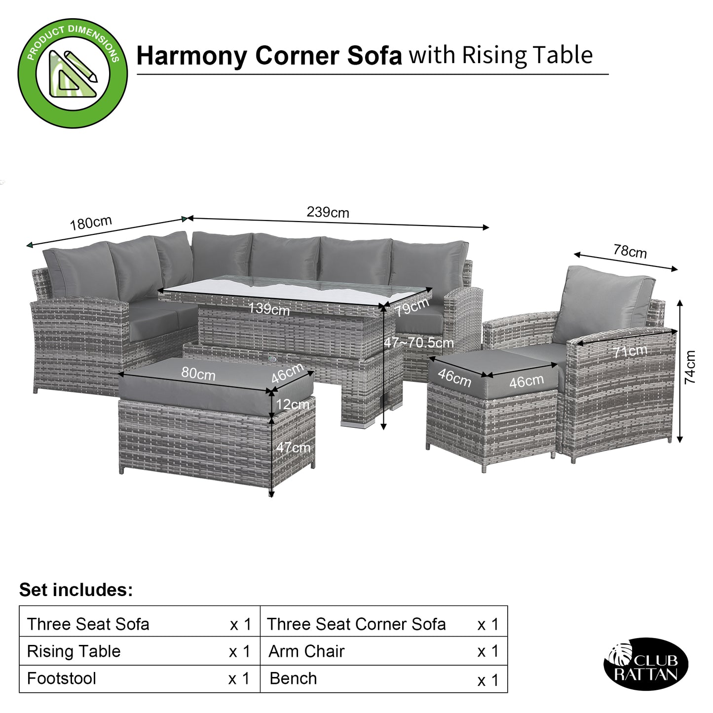 Harmony Range Elite Left Hand Corner Sofa Set with Rising Table and Arm Chair in Grey Rattan