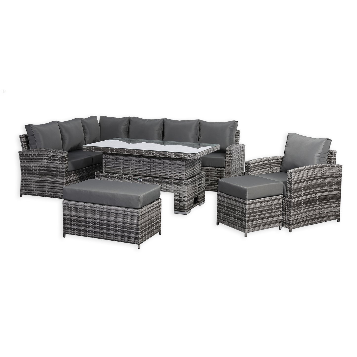 Harmony Range Elite Left Hand Corner Sofa Set with Rising Table and Arm Chair in Grey Rattan