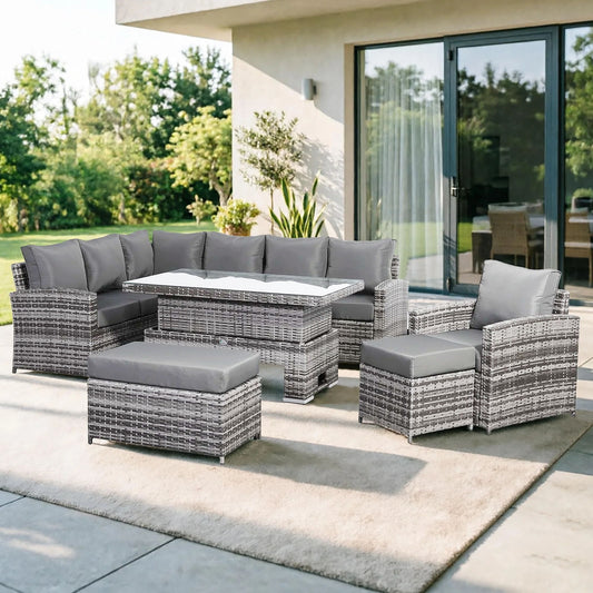Harmony Range Elite Left Hand Corner Sofa Set with Rising Table and Arm Chair in Grey Rattan