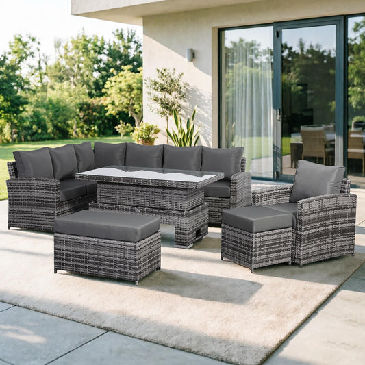 Harmony Range Elite Left Hand Corner Sofa Set with Rising Table and Arm Chair in Grey Rattan