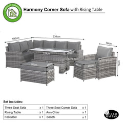 Harmony Range Elite Left Hand Corner Sofa Set with Rising Table and Arm Chair in Grey Rattan