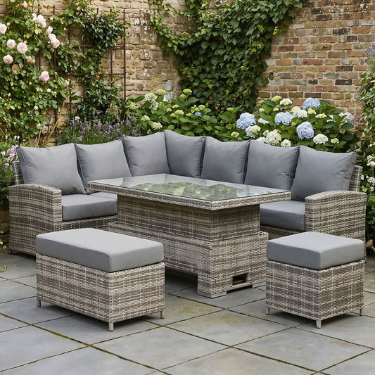 Harmony Range High Back Left Hand Corner Sofa Set with Rising Table in Grey Weave