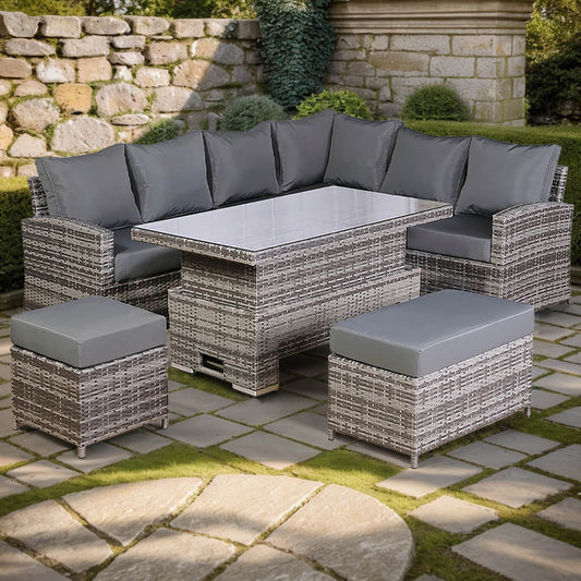 Harmony Range High Back Right Hand Corner Sofa Set with Rising Table in Grey Rattan