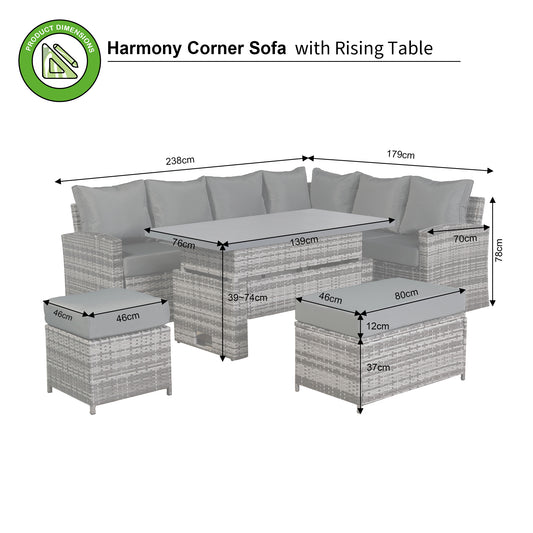 PRE ORDER...Harmony Right Hand Corner Sofa Set with Rising Table in Grey Rattan (CS04)