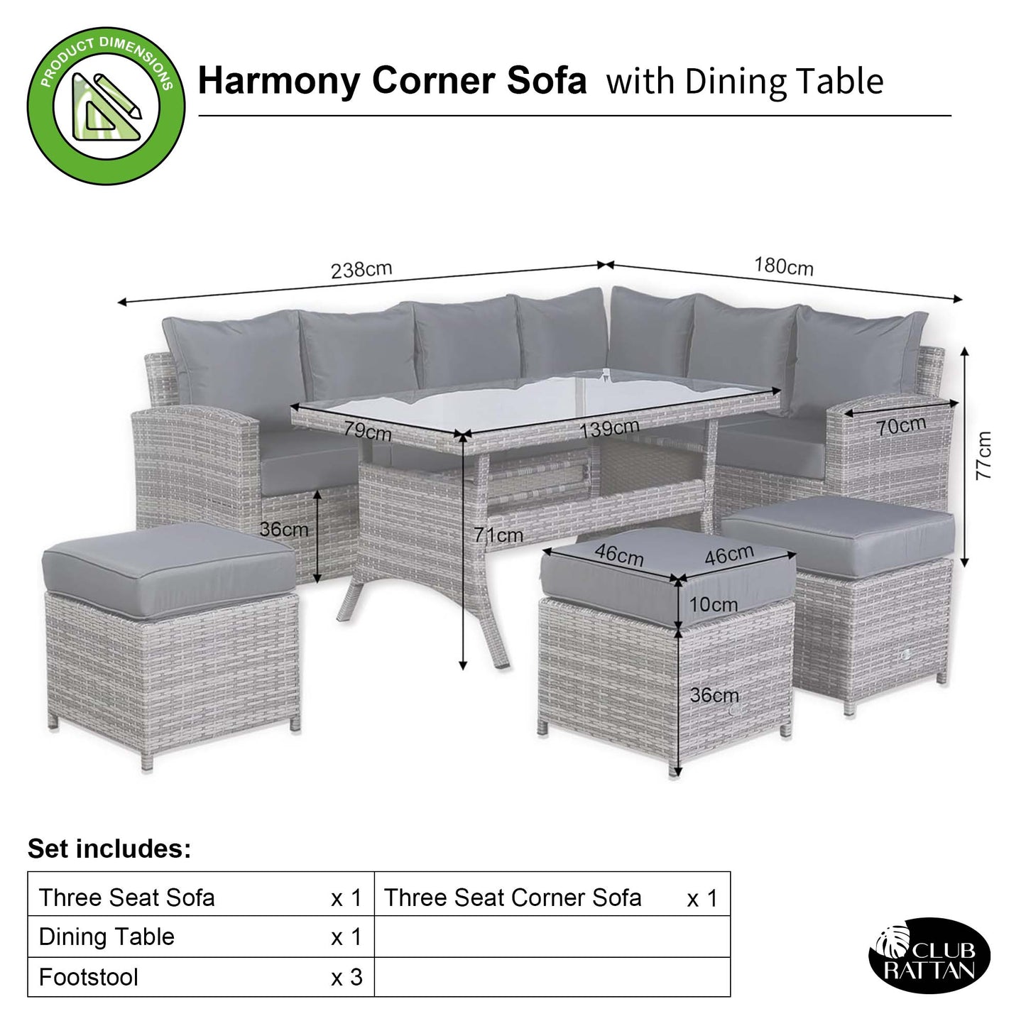 Harmony Range High Back Right Hand Corner Sofa Set with Dining Table in Grey Rattan