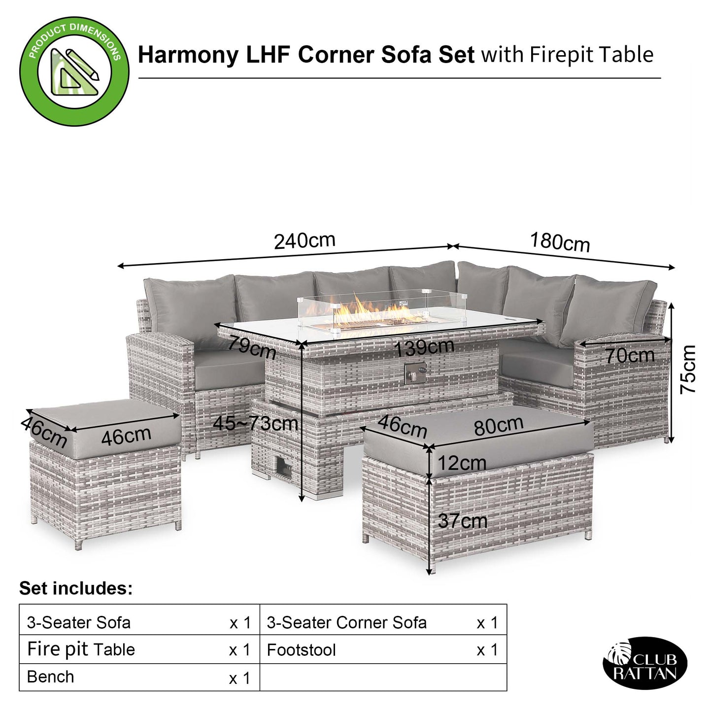 Harmony Range High Back Right Hand Corner Sofa Set with Fire Pit Rising Table in Grey Weave