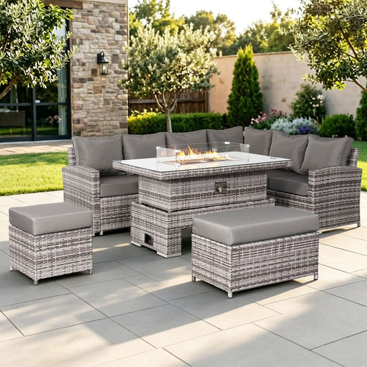 Harmony Range High Back Right Hand Corner Sofa Set with Fire Pit Rising Table in Grey Weave