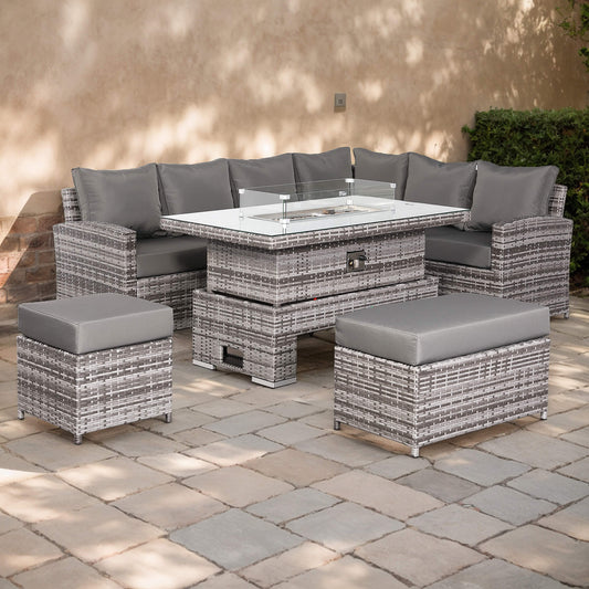 Due in 25/07/25...Harmony Range High Back Right Hand Corner Sofa Set with Fire Pit Rising Table in Grey Waeve
