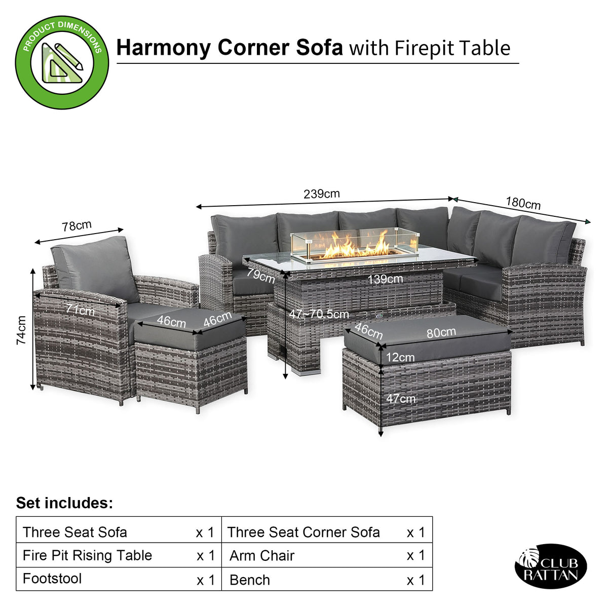 Harmony Range Elite High Back Right Hand Corner Sofa Set with Fire Pit Rising Table and Arm Chair in Grey Weave