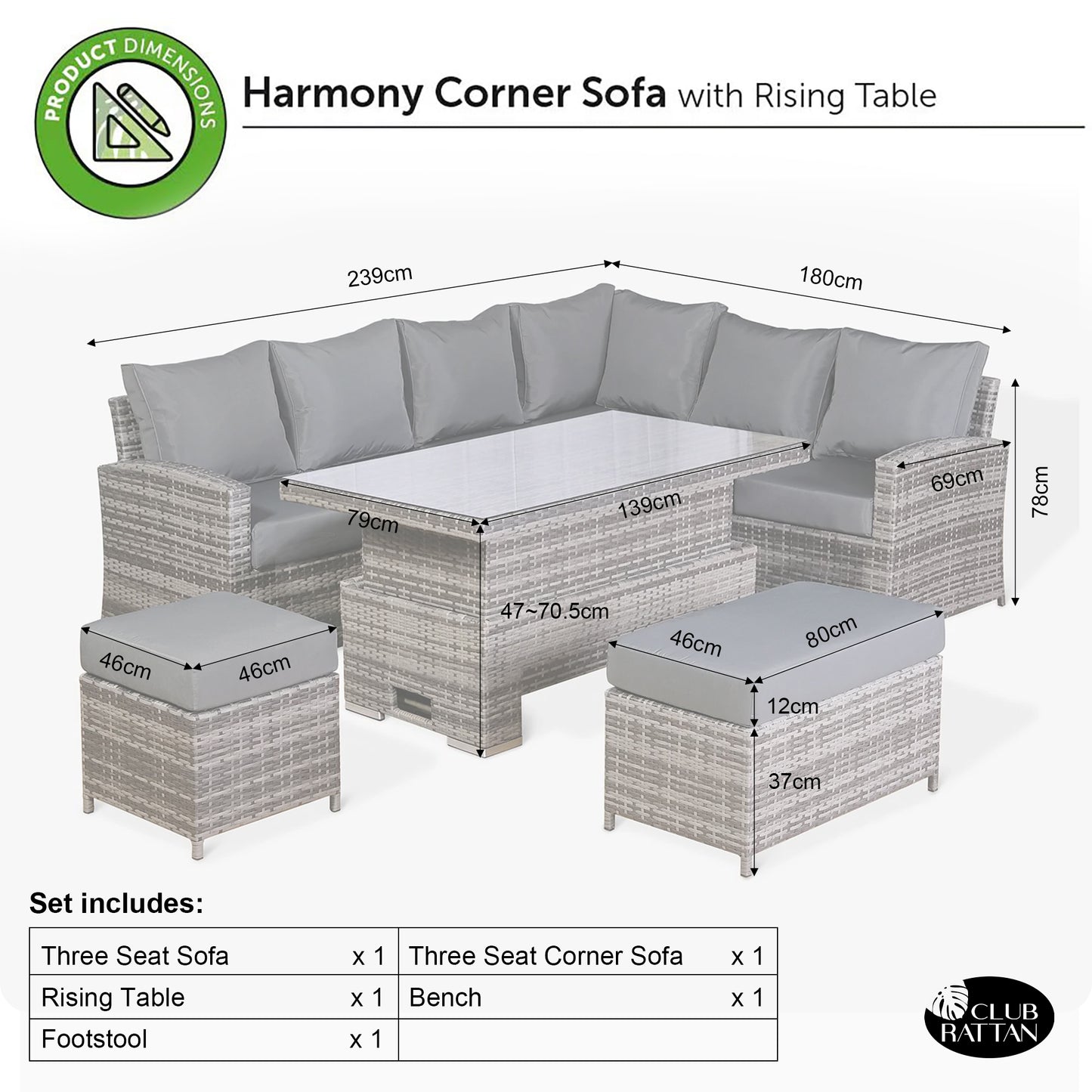 Harmony Right Hand Corner Sofa Set with Rising Table in Grey Rattan (CS12)