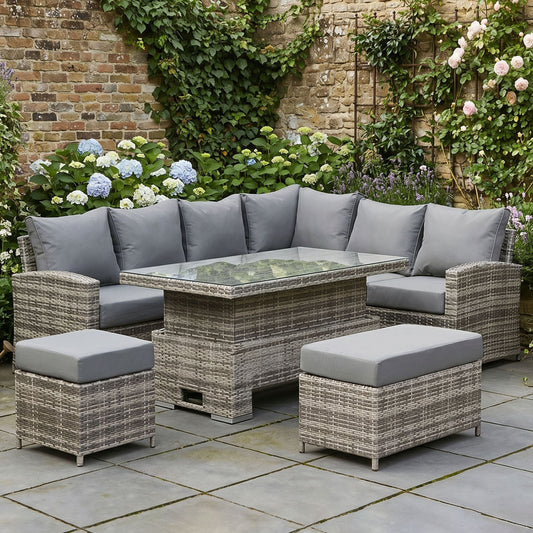 Harmony Range High Back Right Hand Corner Sofa Set with Rising Table in Grey Weave