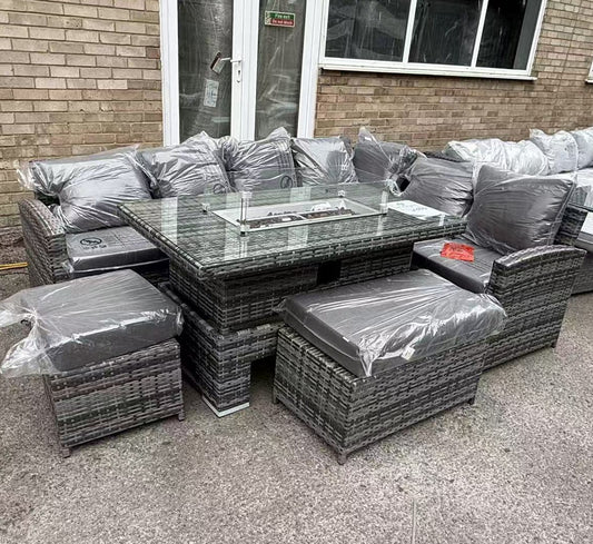 CLEARANCE | Harmony Range High Back Right Hand Corner Sofa Set with Fire Pit Rising Table in Grey Weave (Copy)