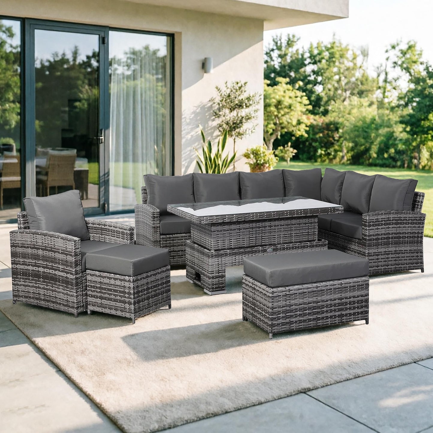 Harmony Range Elite Right Hand Corner Sofa Set with Rising Table and Arm Chair in Grey Rattan
