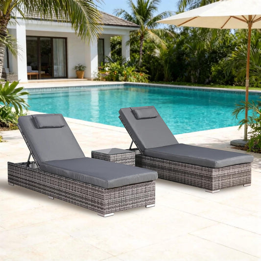 Harmony Range Sun Loungers Set with Side Table in Grey Rattan  and Grey Cushions