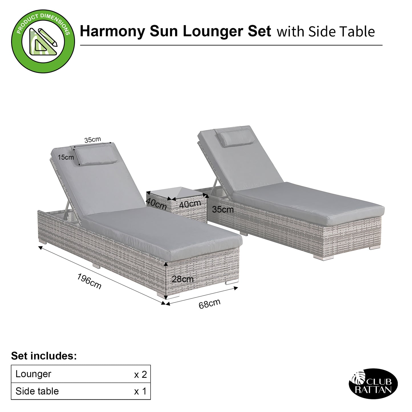 Harmony Range Sun Loungers Set with Side Table in Grey Rattan  and Grey Cushions