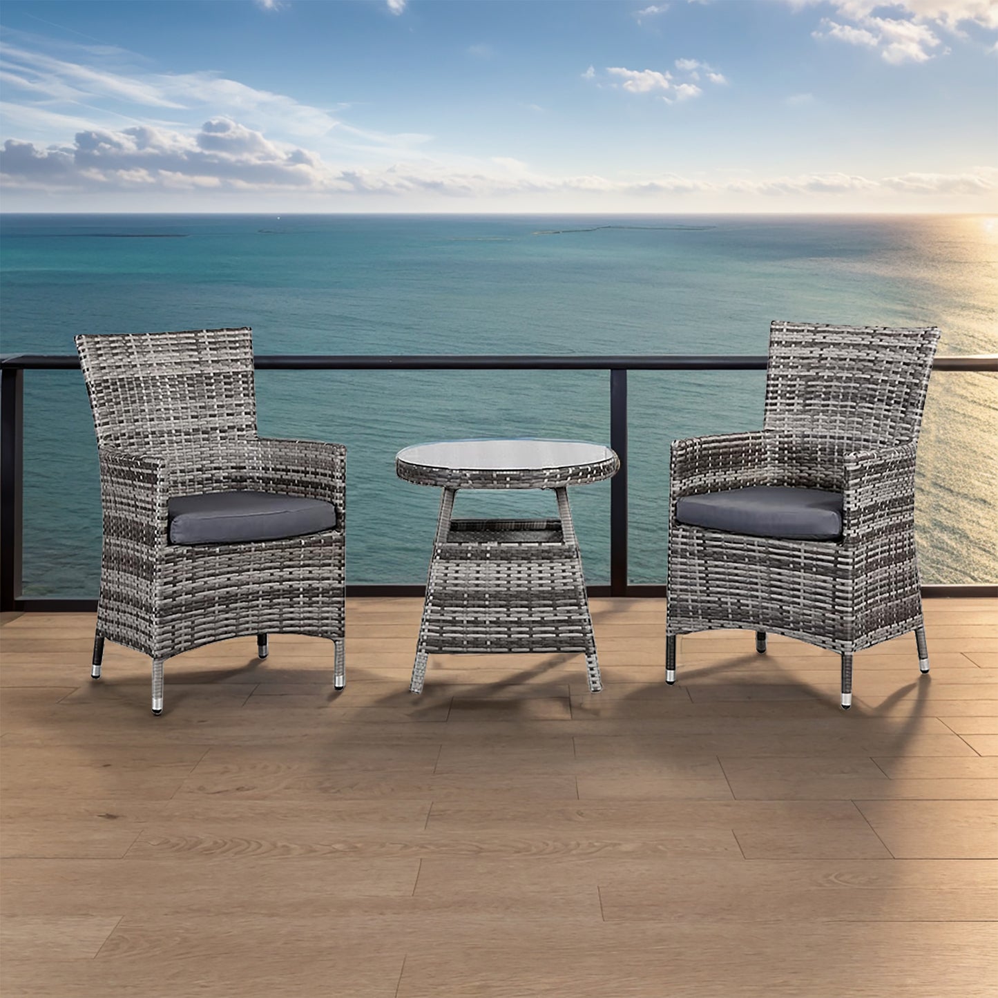 Harmony Range Bistro Set with 2 Armchairs and Side Table in Grey Weave