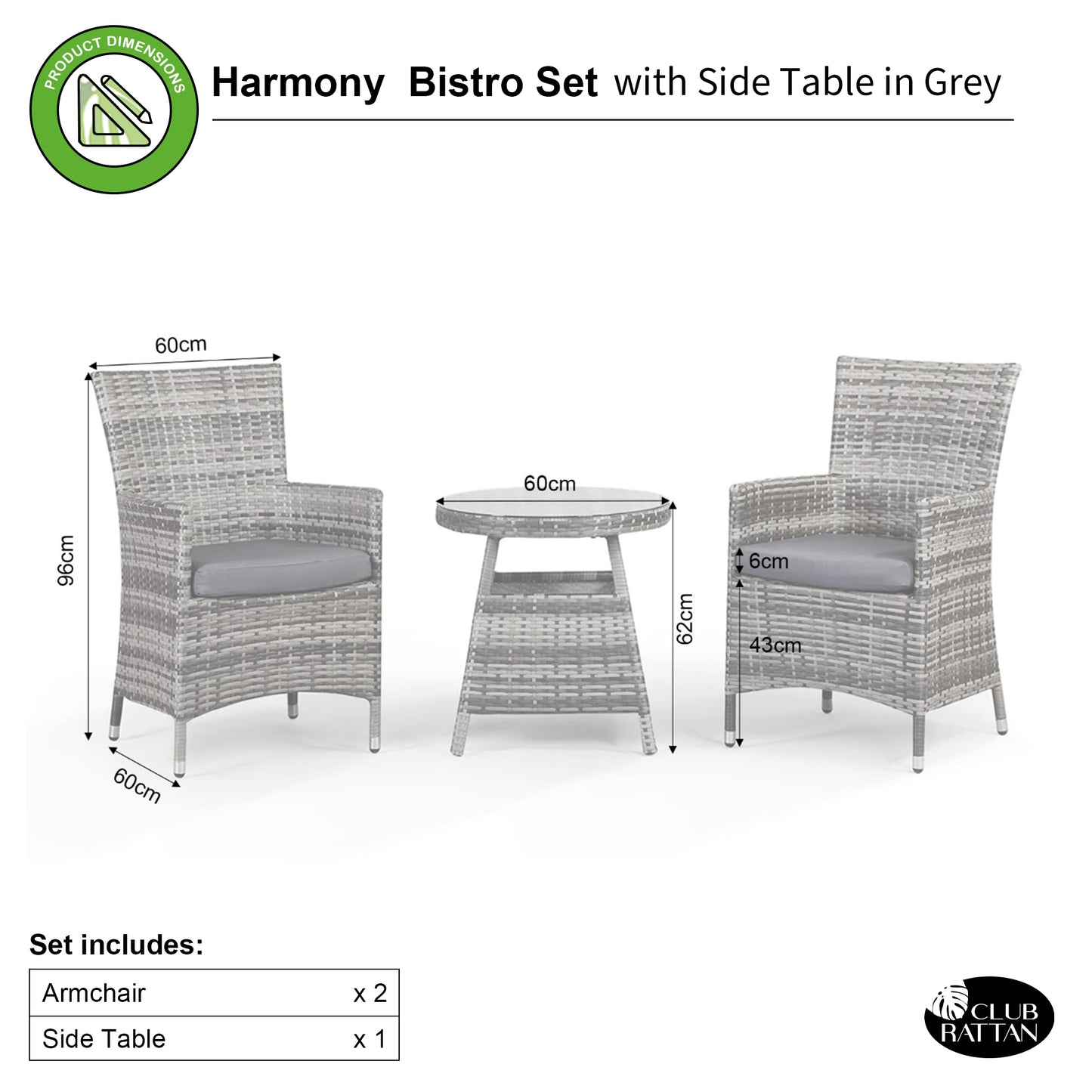 Harmony Range Bistro Set with 2 Armchairs and Side Table in Grey Weave