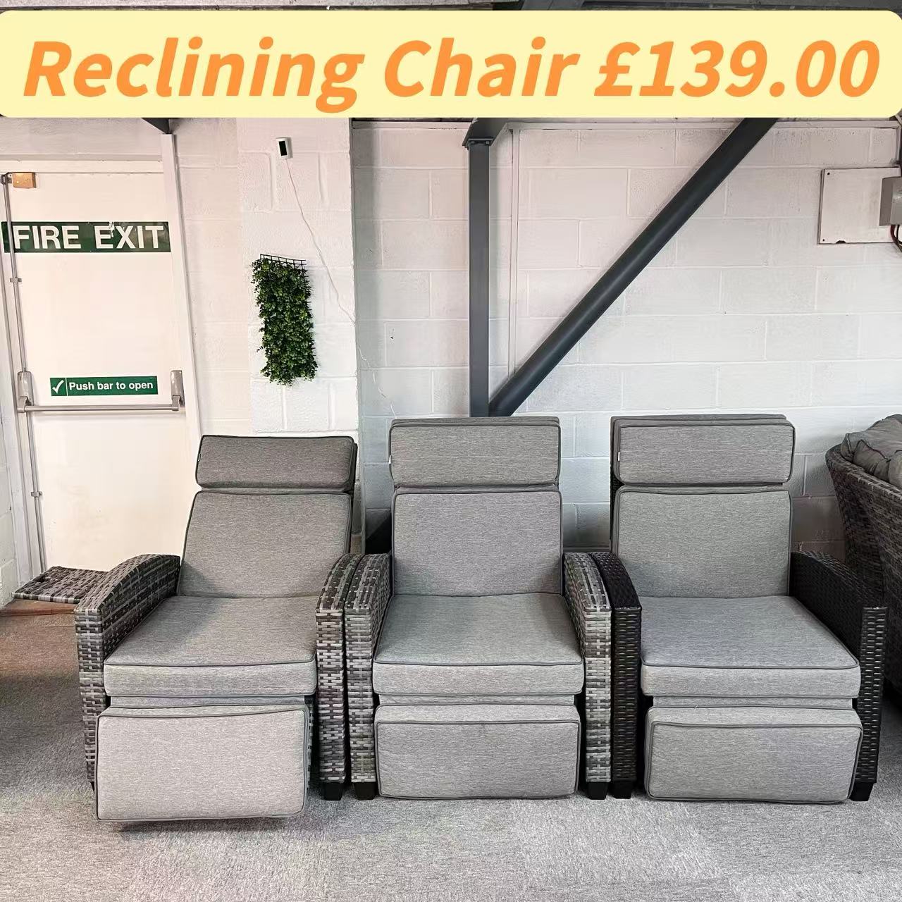 Clearance in shop, sale as shown-- Reclining Armchair with Flip Table in Grey Weave and Grey Cushion