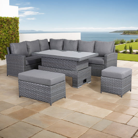 Due in 31/01/25....Isobella Range Left Hand Corner Sofa Set with Rising Table in Preminum Grey Rattan