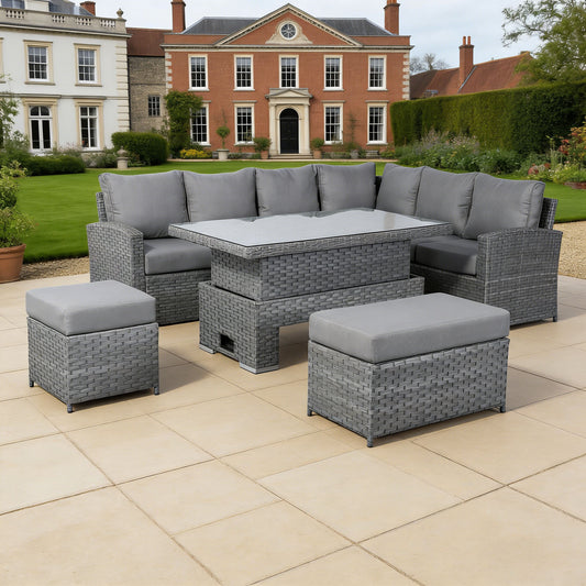 Isobella High Back Range Right Hand Corner Sofa Set with Rising Table in Preminum Grey Rattan
