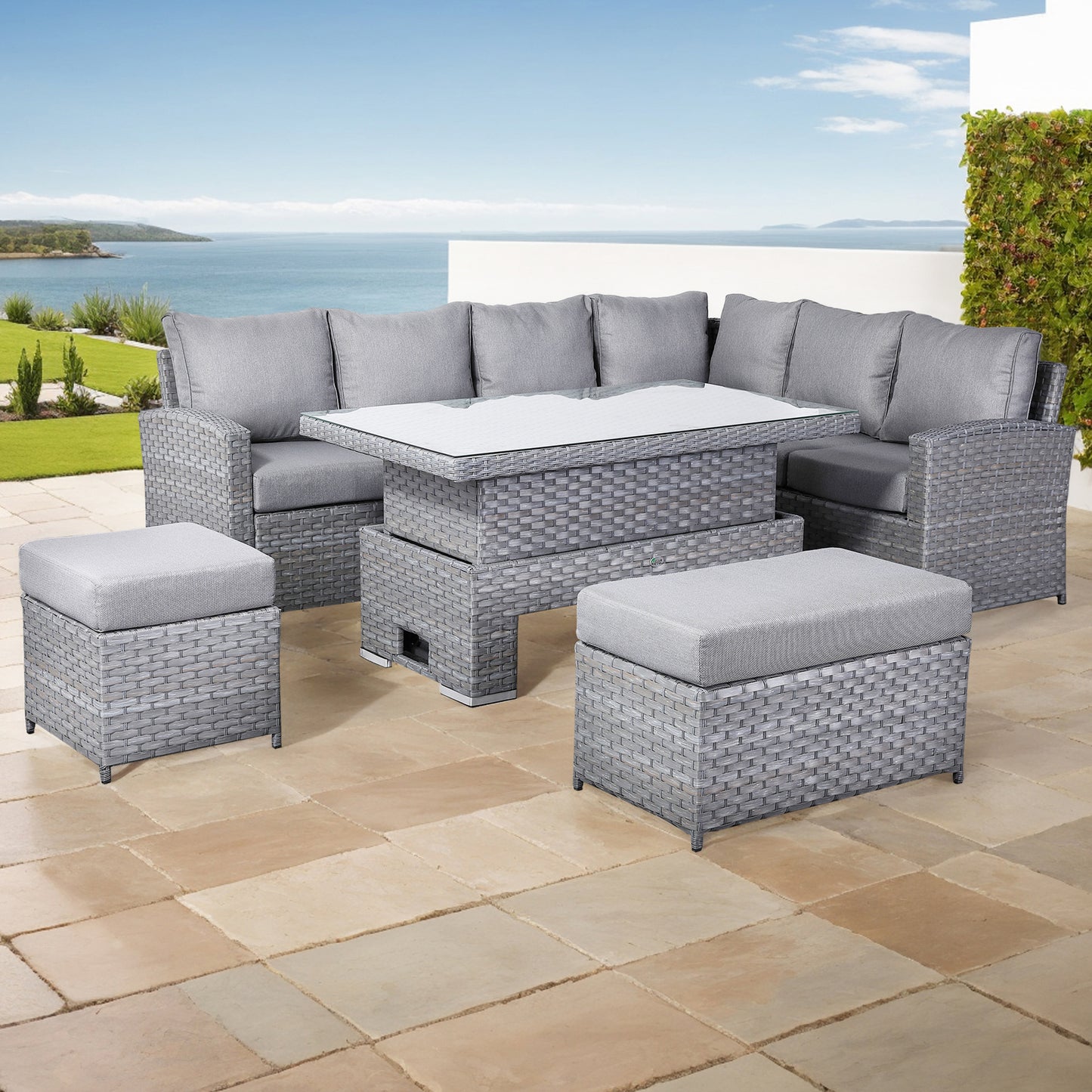 Isobella High Back Range Right Hand Corner Sofa Set with Rising Table in Preminum Grey Rattan