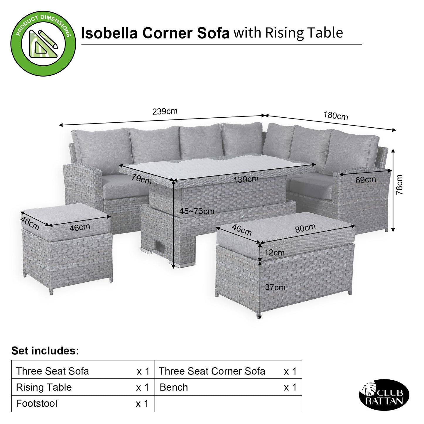 Isobella High Back Range Right Hand Corner Sofa Set with Rising Table in Preminum Grey Rattan