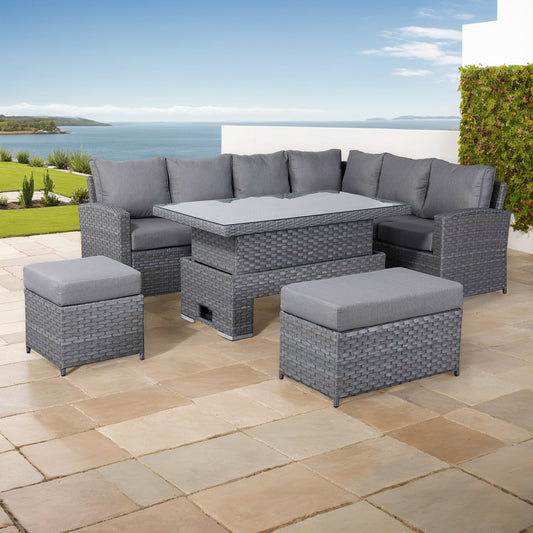 Due in 31/01/25....Isobella Range Right Hand Corner Sofa Set with Rising Table in Preminum Grey Rattan