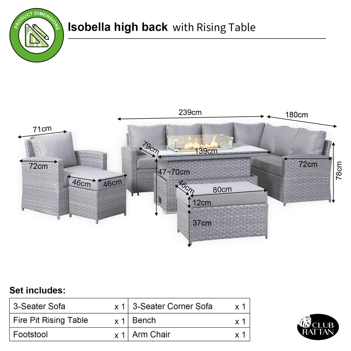 Isobella 10 seater Elite Right Hand Corner Sofa Set with Fire Pit Rising Table and Arm Chair in Grey Rattan