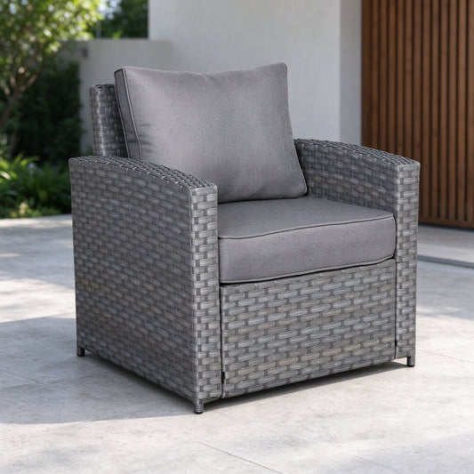 Isobella Range Single Arm Chair in Grey Rattan and Grey Cushions