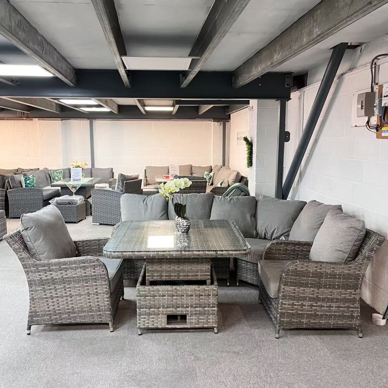 Clearance in shop- Sale as shown--Sicily Range Aluminium Round Corner Set with Rising Table and Two Chairs in Grey Weave