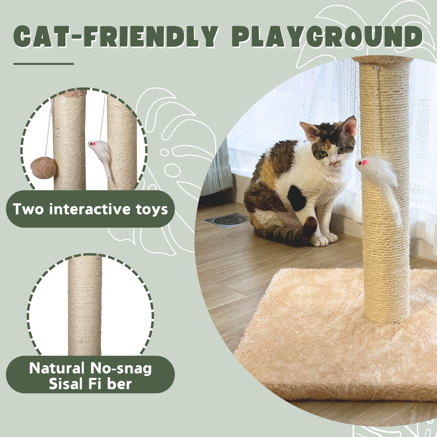 Max Mice Cat Scratching Post – Tall Sisal Scratch Tower with Hanging Ball & Mouse, Sturdy Base for Kittens & Adult Cats （Beige）