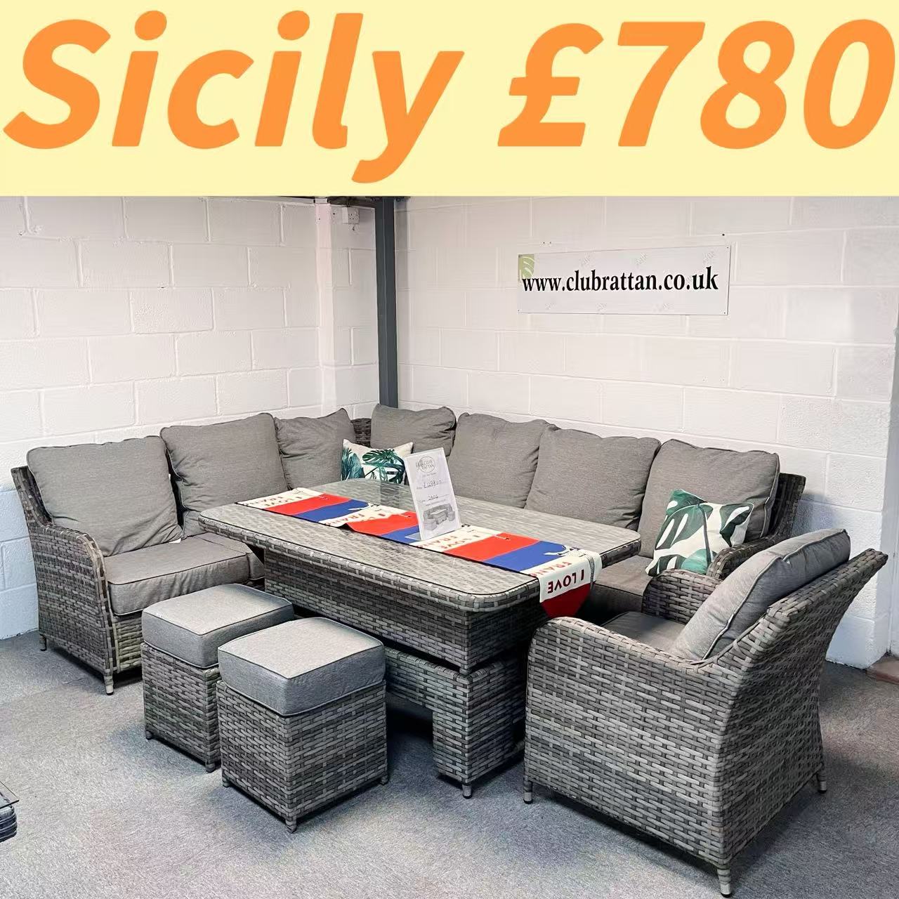 Clearance in shop, sale as shown--Sicily Range Aluminium Left Hand Corner Set with Rising Table and Arm Chair in Half Round Grey Weave