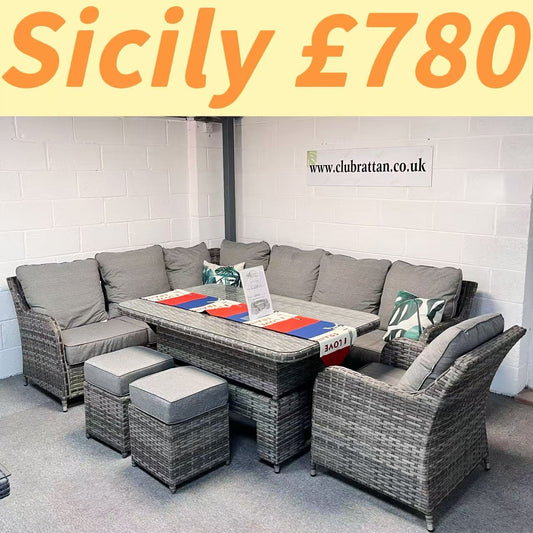 Clearance in shop, sale as shown--Sicily Range Aluminium Left Hand Corner Set with Rising Table and Arm Chair in Half Round Grey Weave