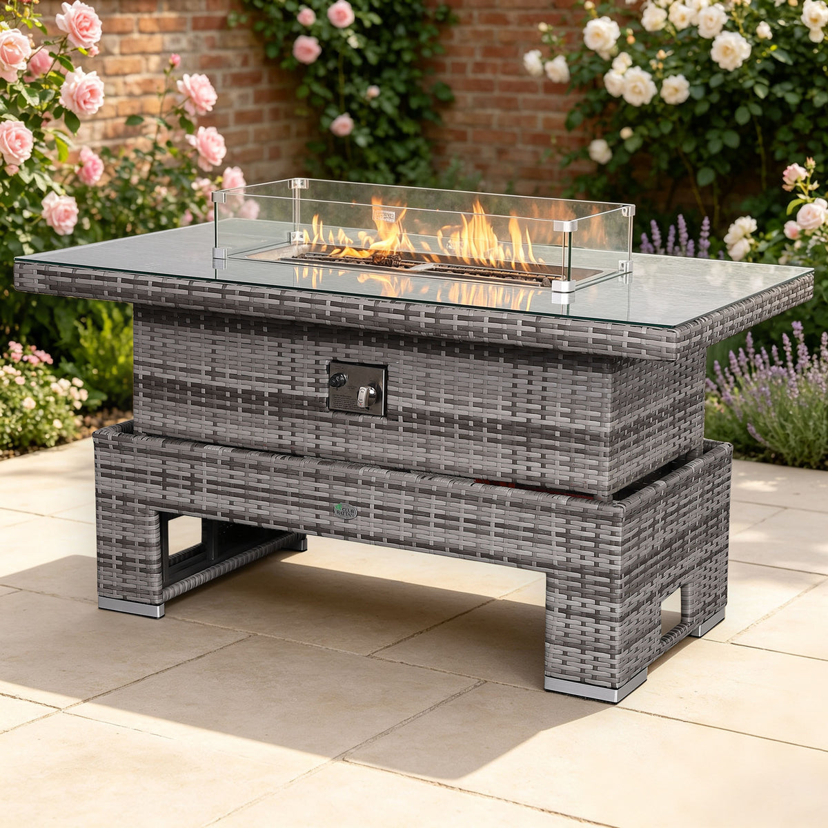 Harmony Gas Firepit Rising Table with Glass Wind Guard & Lava Rocks, 55,000 BTU