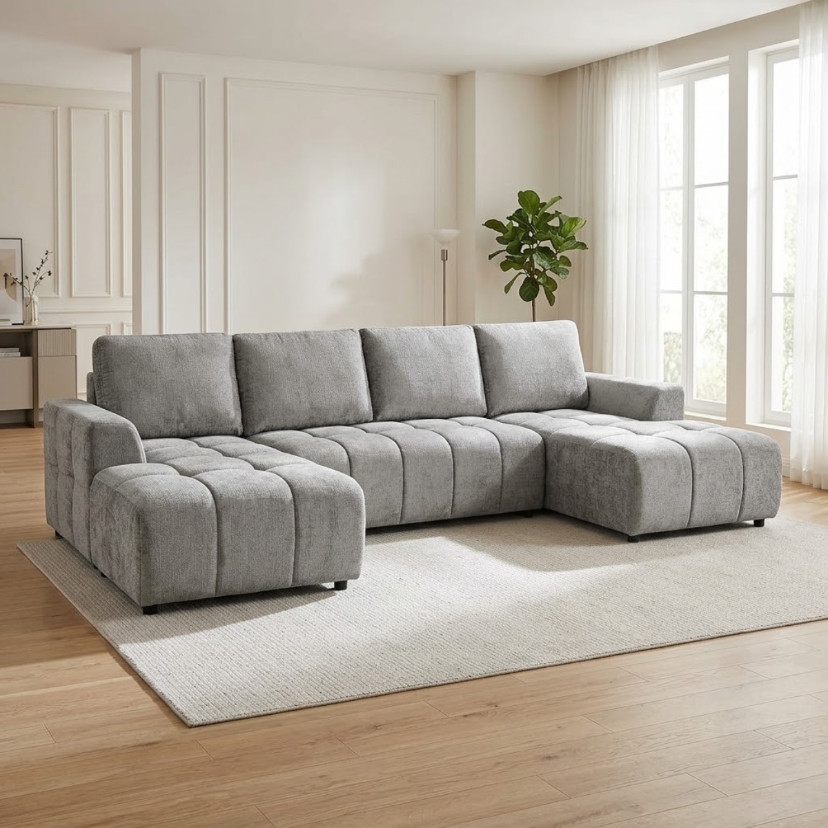 Grandeur Luxury Grey U-Shape Corner Sofa Bed – 5 Seater with Underseat Storage & Sofabed Conversion