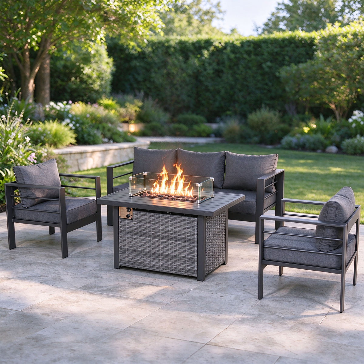 PRE ORDER - Flicker Fire Collection | Club Rattan 5‑Seater Aluminium Garden Sofa Set with Gas Fire Pit Table