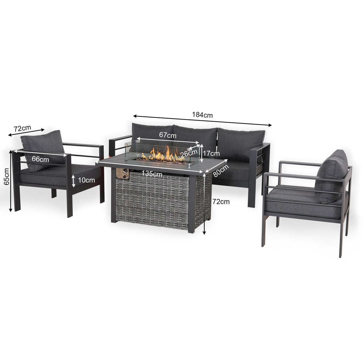 PRE ORDER - Flicker Fire Collection | Club Rattan 5‑Seater Aluminium Garden Sofa Set with Gas Fire Pit Table