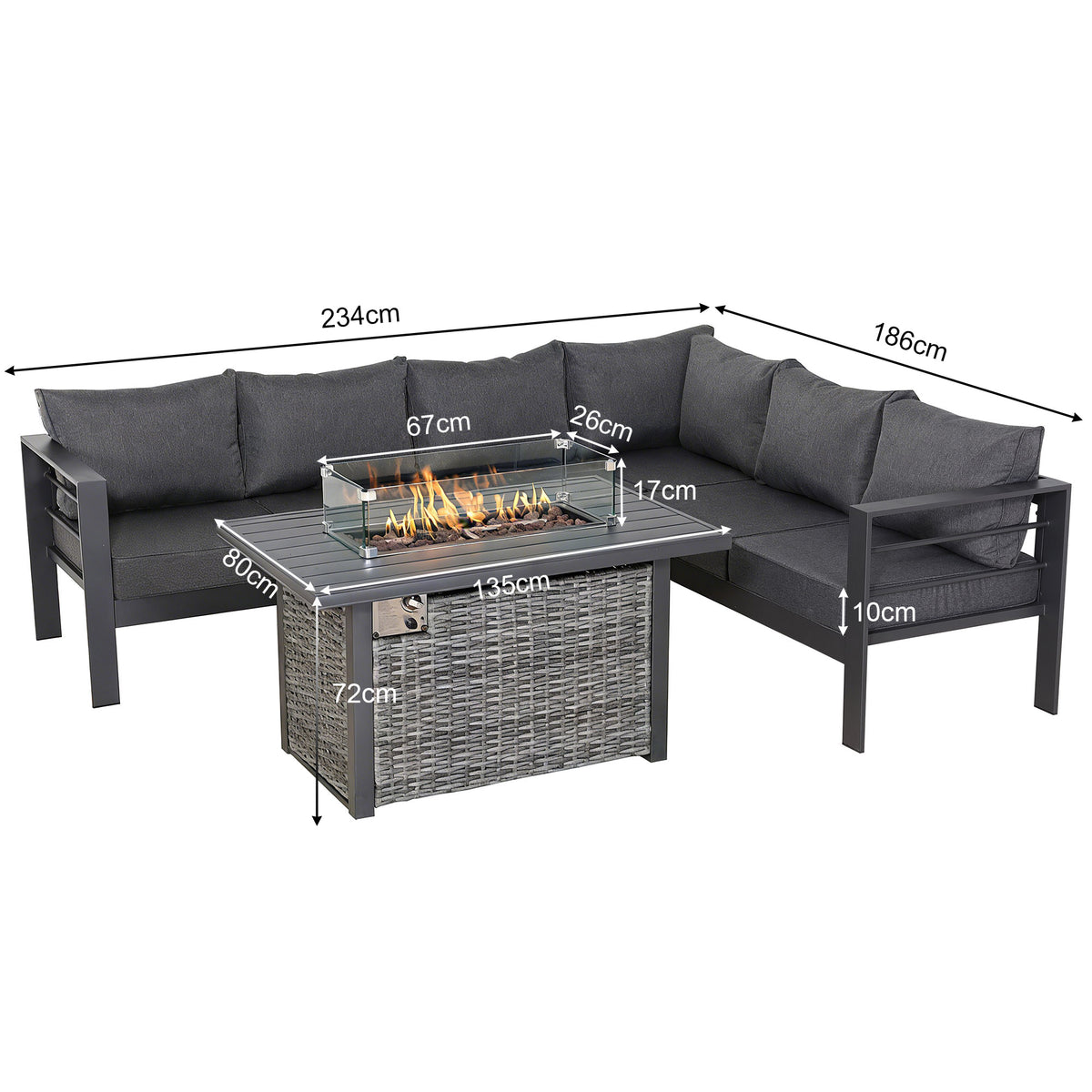 PRE ORDER - Flicker Fire Collection | Club Rattan 6‑Seater Rhf Aluminium Garden Corner Sofa Set with Gas Fire Pit Table