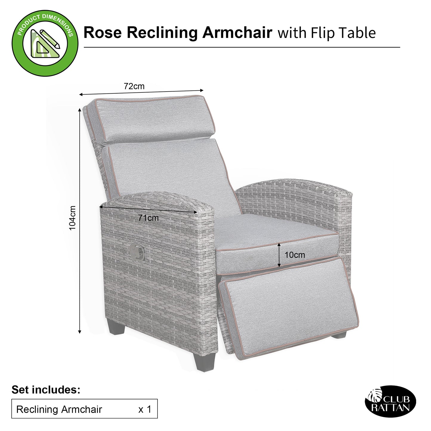 Rose Range Reclining Armchair with Flip Table in Grey Weave and Grey Cushions