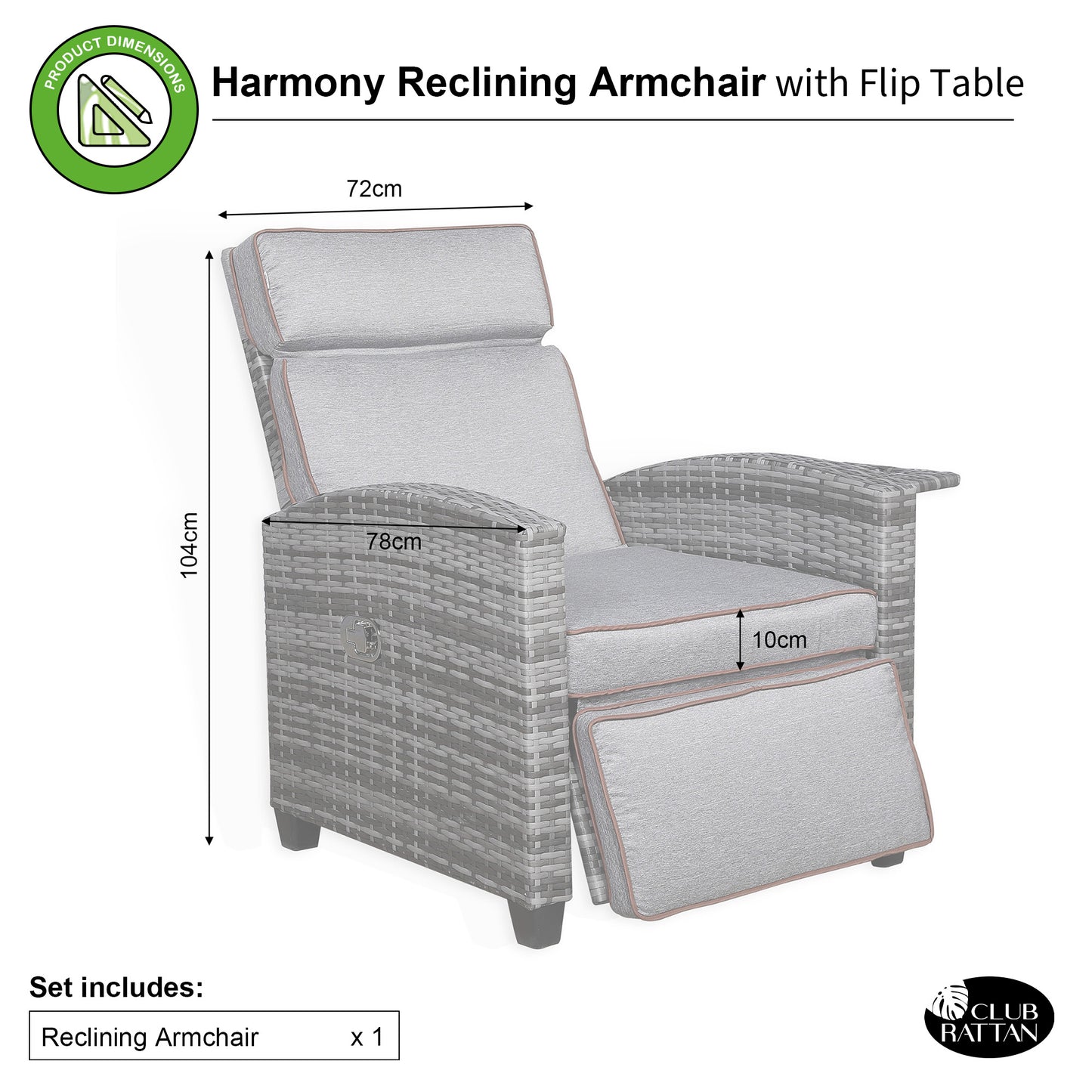 Harmony Range Reclining Armchair with Flip Table in Grey Weave and Grey Cushions