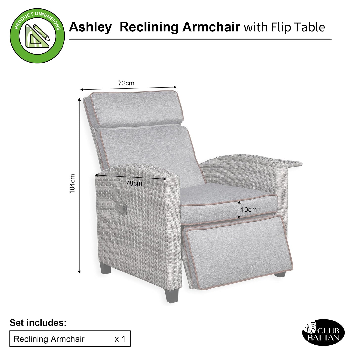 Ashley Range Reclining Armchair with Flip Table in Light Grey Weave and Grey Cushions