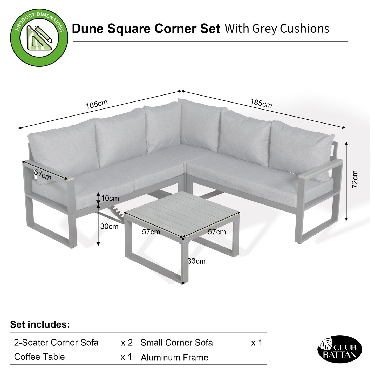 CK-01 Dune Range Square Corner Set Charcoal Aluminium Frame With Grey Cushions