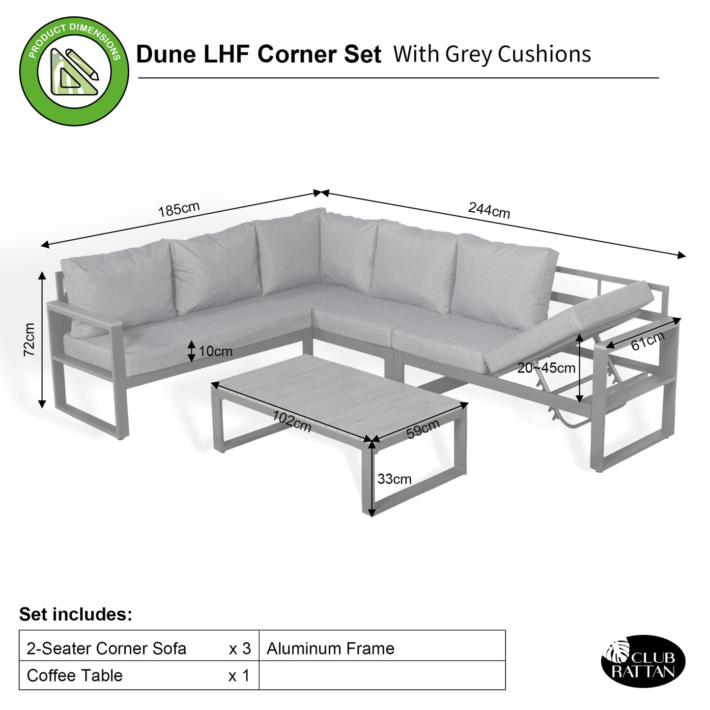 CK-02 Dune Range LHF Corner Set Charcoal Aluminium Frame With Grey Cushions