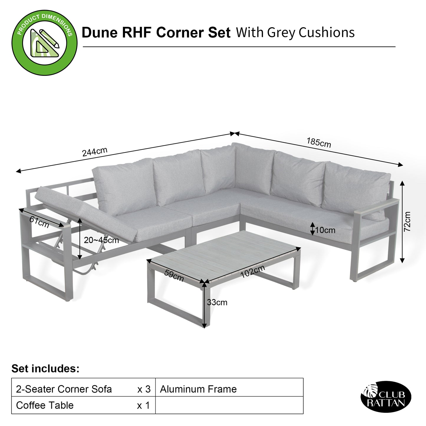 CK-03 Dune Range RHF Corner Set Charcoal Aluminium Frame With Grey Cushions