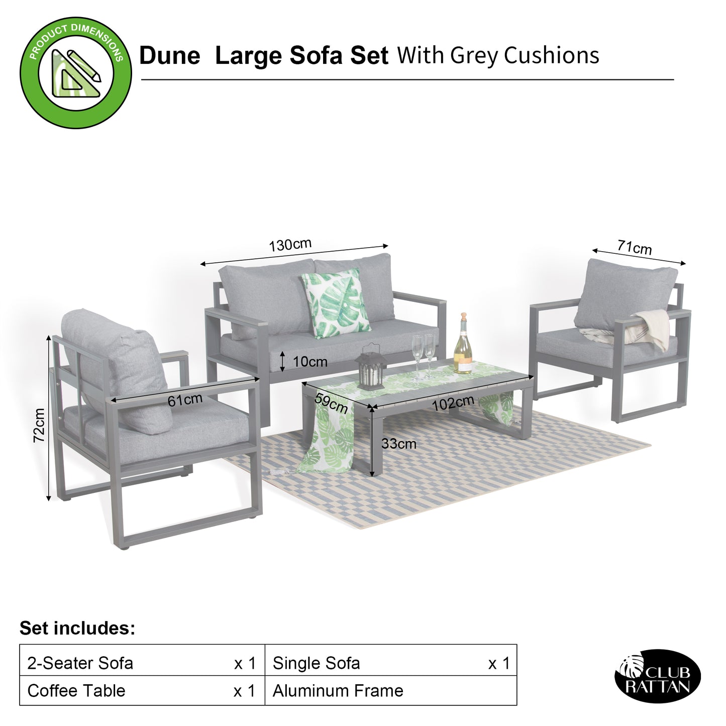 CK-04 Dune Range Large Sofa Set Charcoal Aluminium Frame With Grey Cushions