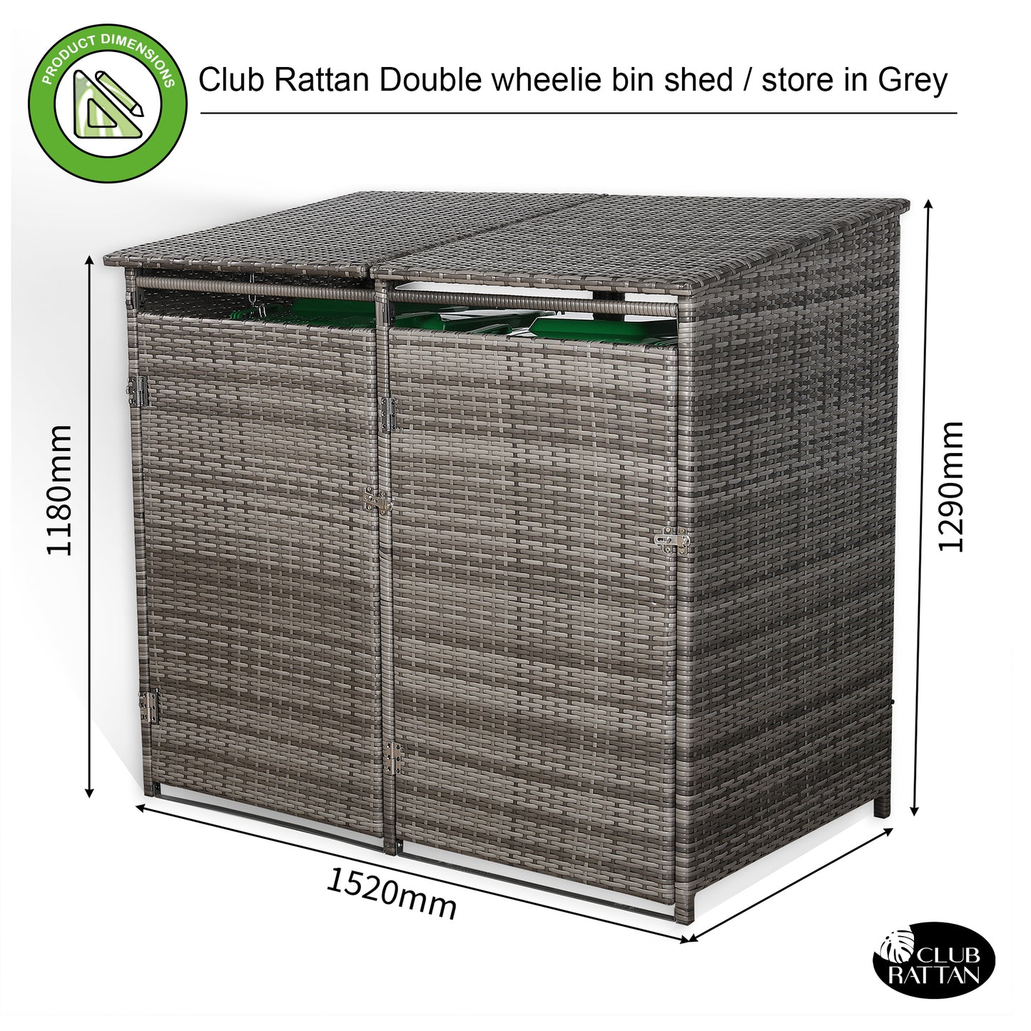 Club Rattan wheelie bins shed / store in Grey Rattan Weave (WBS-2G)