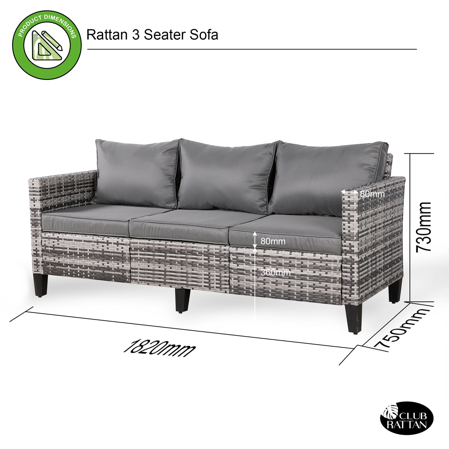 Due in 25/05/25  Palma Range 3-Seater Sofa in Grey Rattan