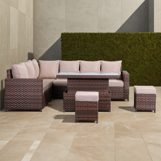Canna Range High Back LHF Large Corner Sofa Set with Rising Table in Brown Weave