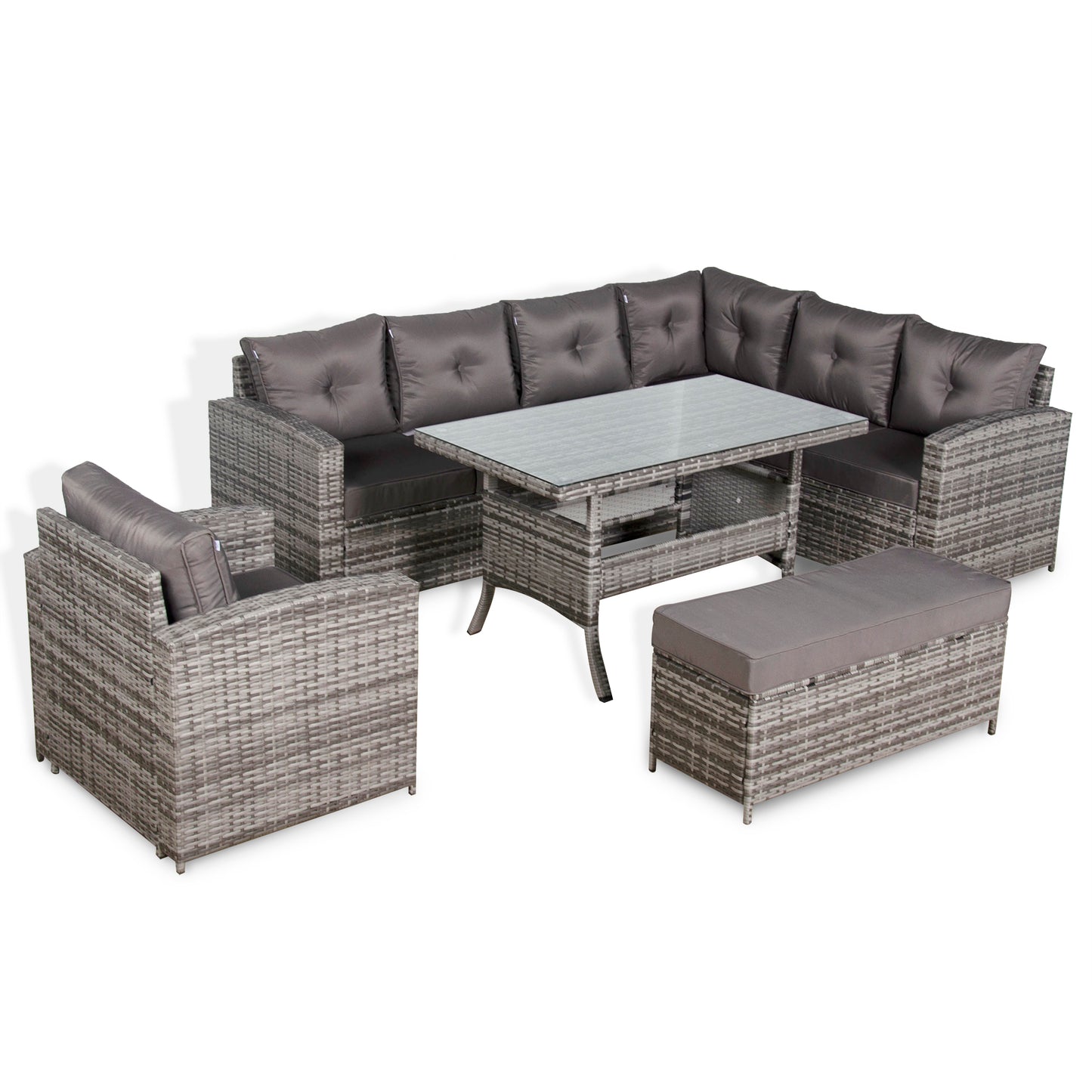 Due in 30/06/25 Henley Range Rlite Rhf Corner Sofa Set with Dining Table in Grey Rattan